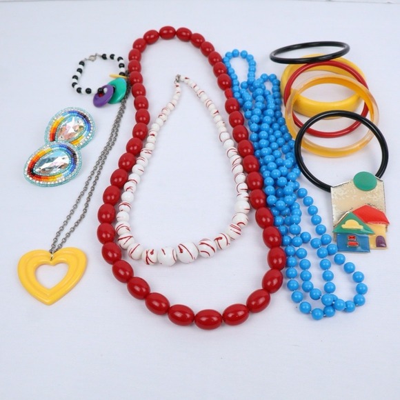 The Unbranded Brand Jewelry - Vintage Jewelry 1980s Primary Color Fun Bright (12) Beads Bangles Brooch